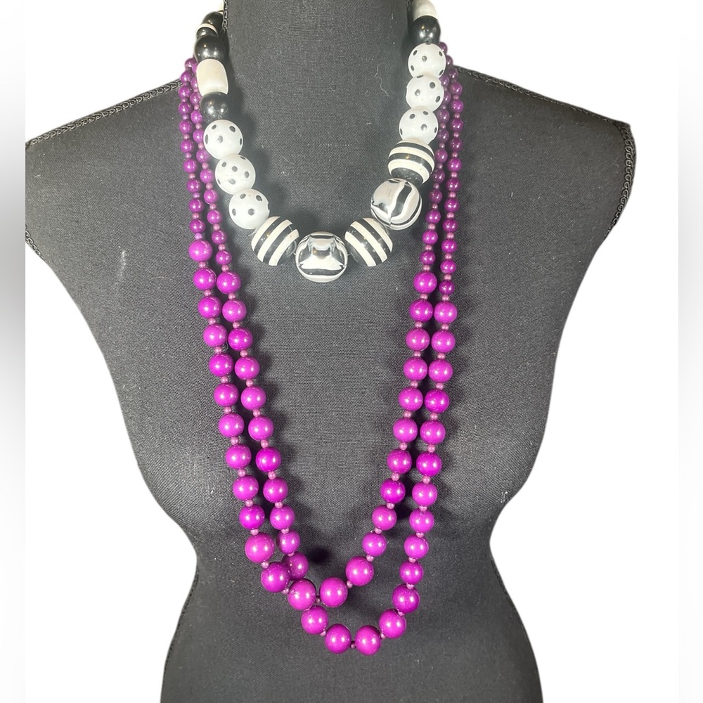 Purple and Black Beaded Necklaces.  Double stranded Purple and Black & White!